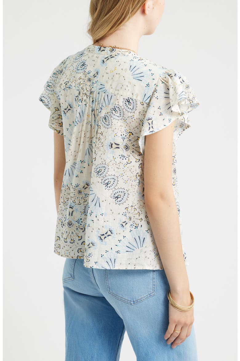 Floral Cotton Pintuck Flutter Sleeve Top, Alternate, color, IVORY- BLUE SCARF FLORAL