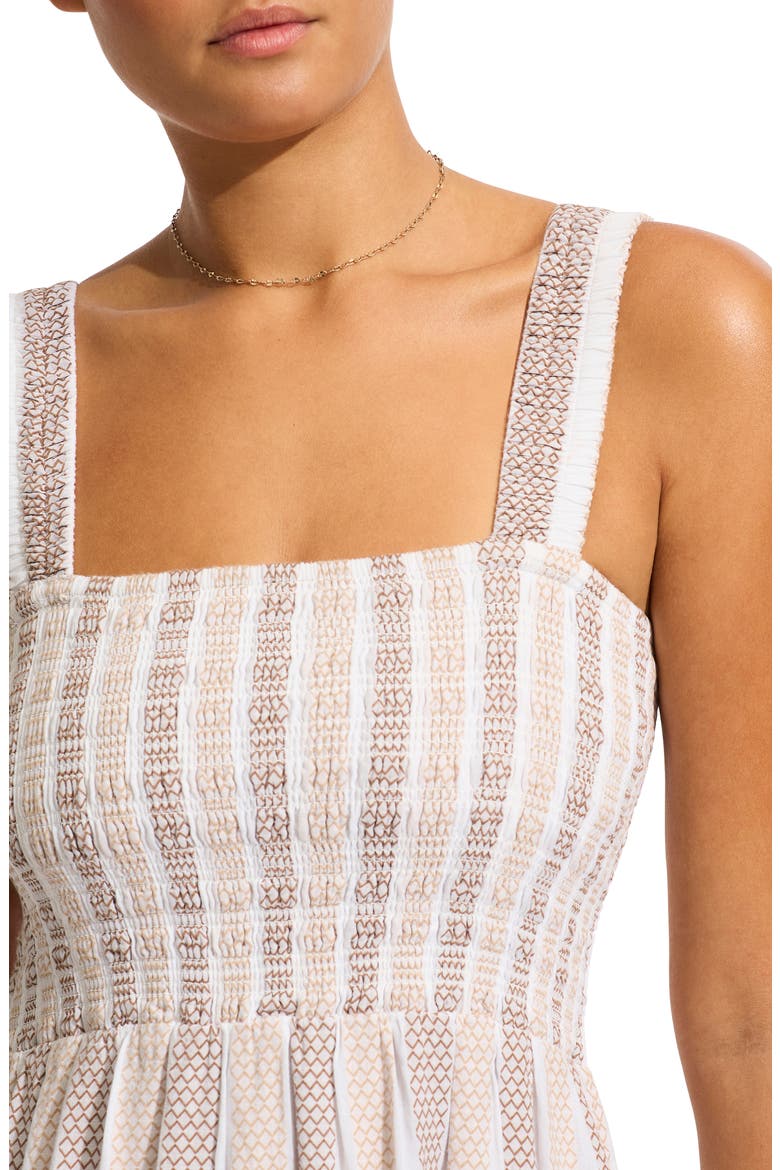 Beach Edit Embroidered Tiered Smocked Cotton Cover-Up Maxi Dress, Alternate, color, NATURAL