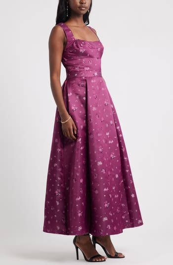 Pleated Seamed Bodice Jacquard Maxi Cocktail Dress