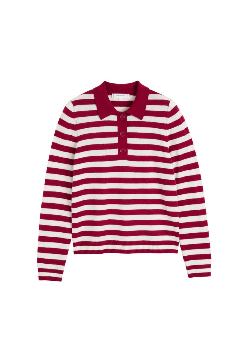 Wool-Cashmere Stripe Collared Sweater, Alternate, color, Cherry