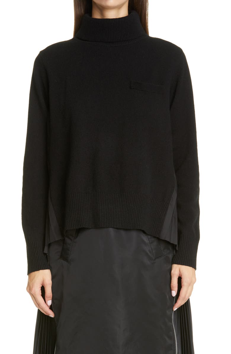 Sacai Contrast Pleated Back Wool Turtleneck Sweater, Main, color, 
