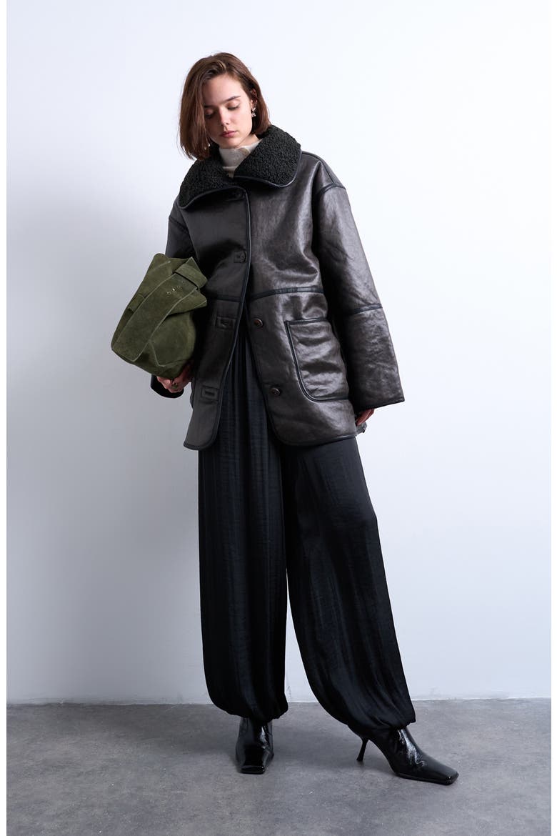 Oversize Faux Leather Car Coat with Faux Shearling Lining, Alternate, color, BLACK