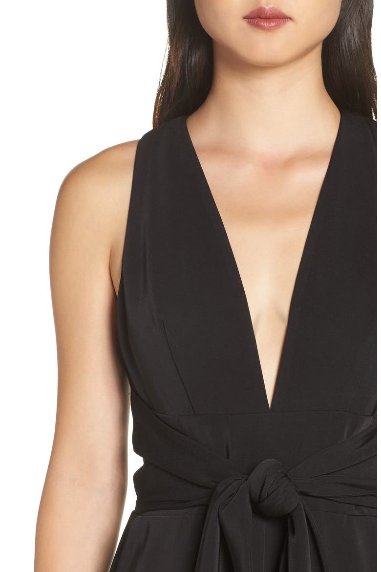 Plunge Neck Tie Waist Jumpsuit, Alternate, color, BLACK