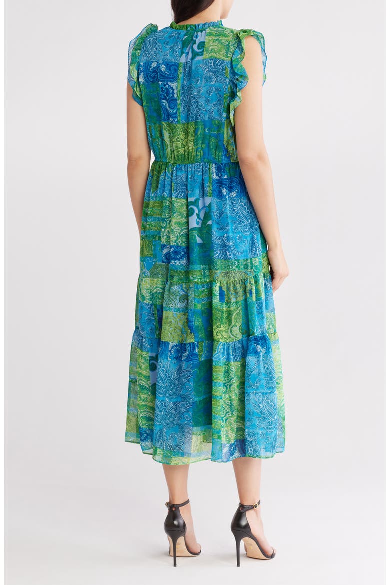 Ruffle Sleeveless Tiered Midi Dress, Alternate, color, BLUE/ GREEN