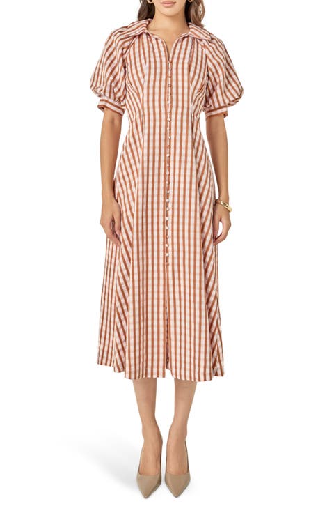 Gingham Puff Sleeve Midi Shirtdress