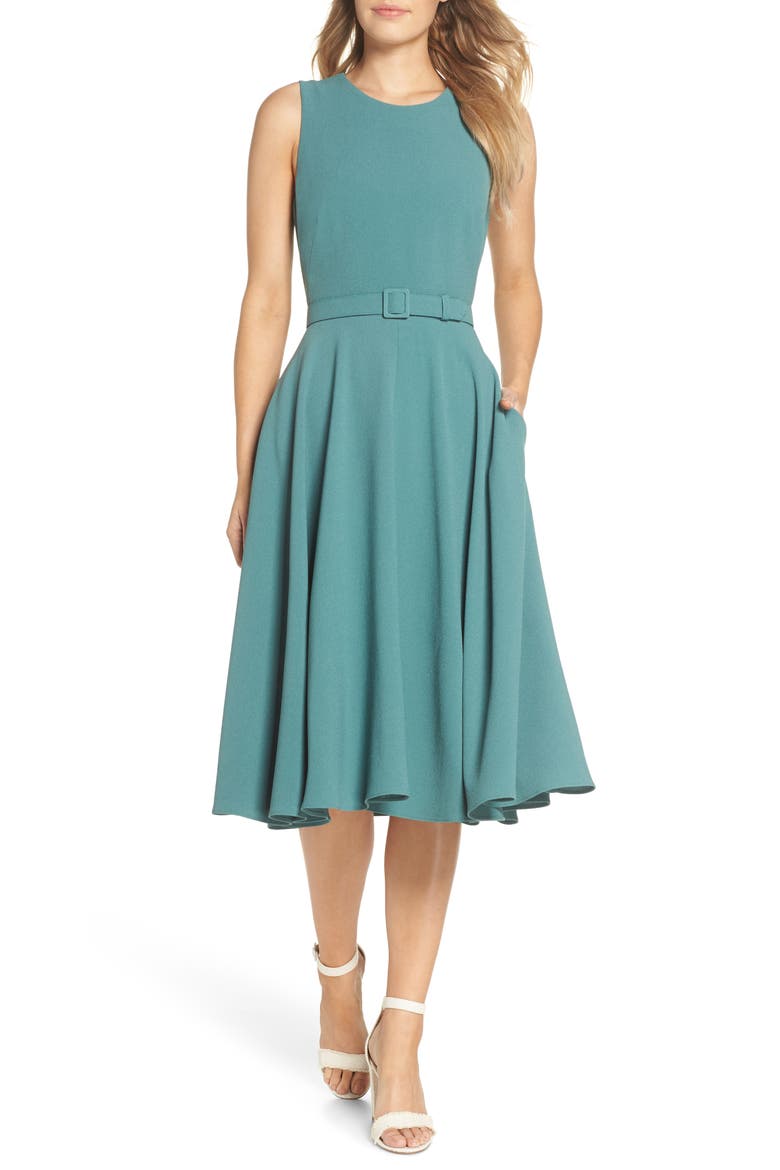 Kaye Belted Fit & Flare Dress, Main, color, GREEN