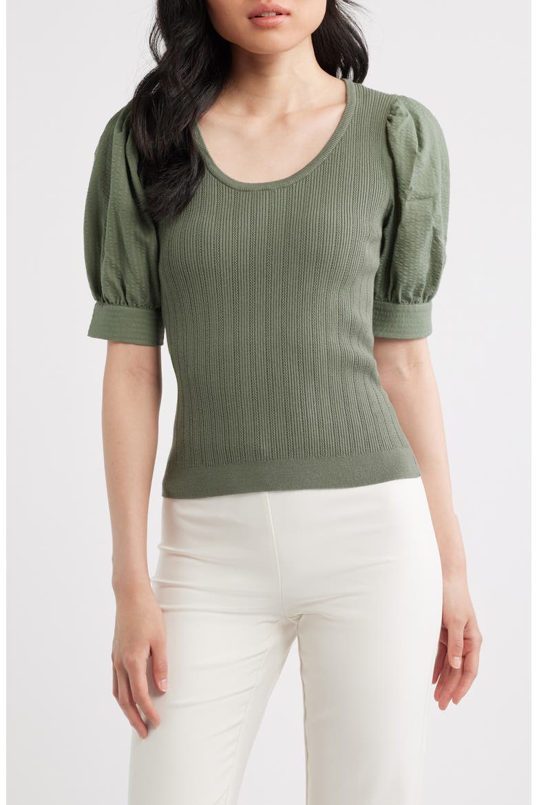 The Kaeta Mixed Media Puff Sleeve Sweater, Main, color, DUSTY SAGE