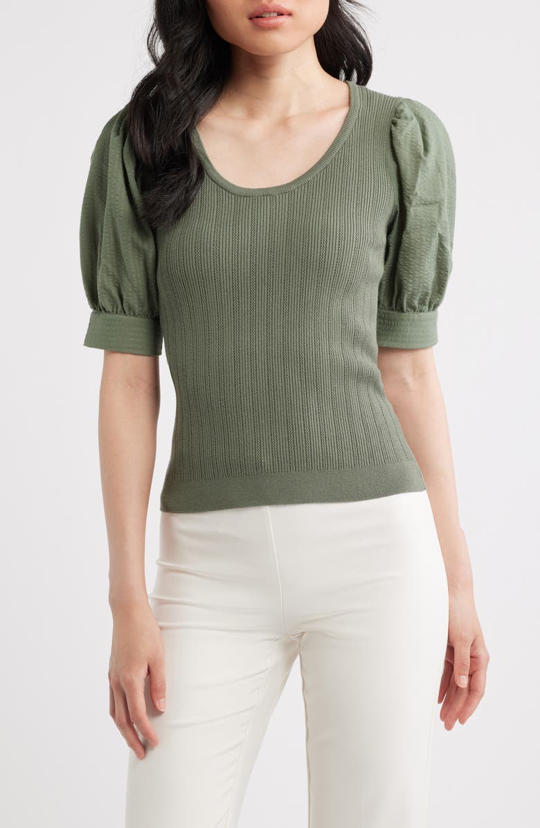 Elie Tahari The Kaeta Mixed Media Puff Sleeve Sweater, Main, color, Dusty Sage