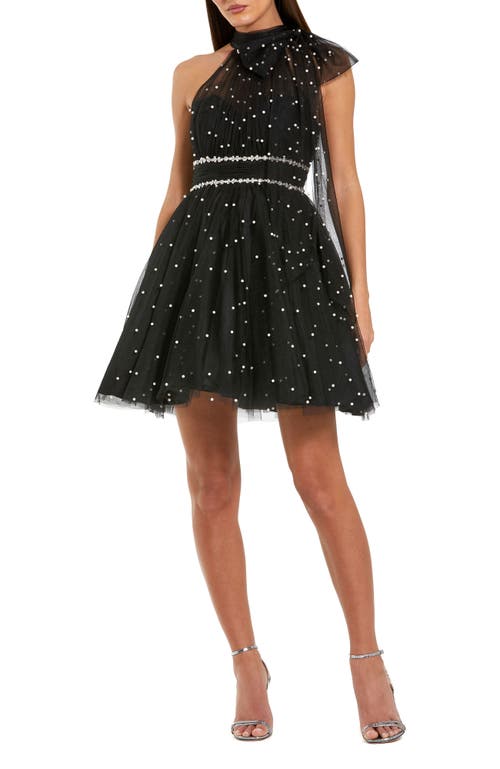 Mac Duggal Pearl Embellished Tulle Tie Neck A Line Mini Dress In Black