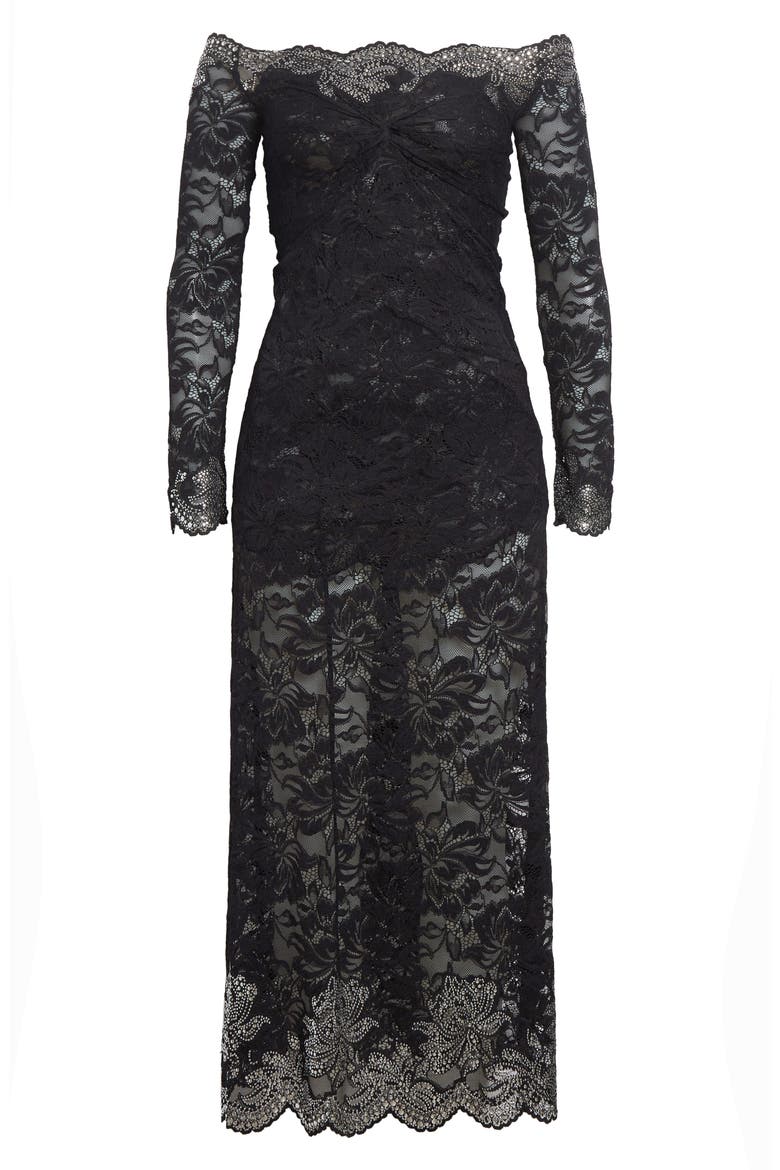 Twist Front Off the Shoulder Long Sleeve Lace Midi Dress, Alternate, color, BLACK