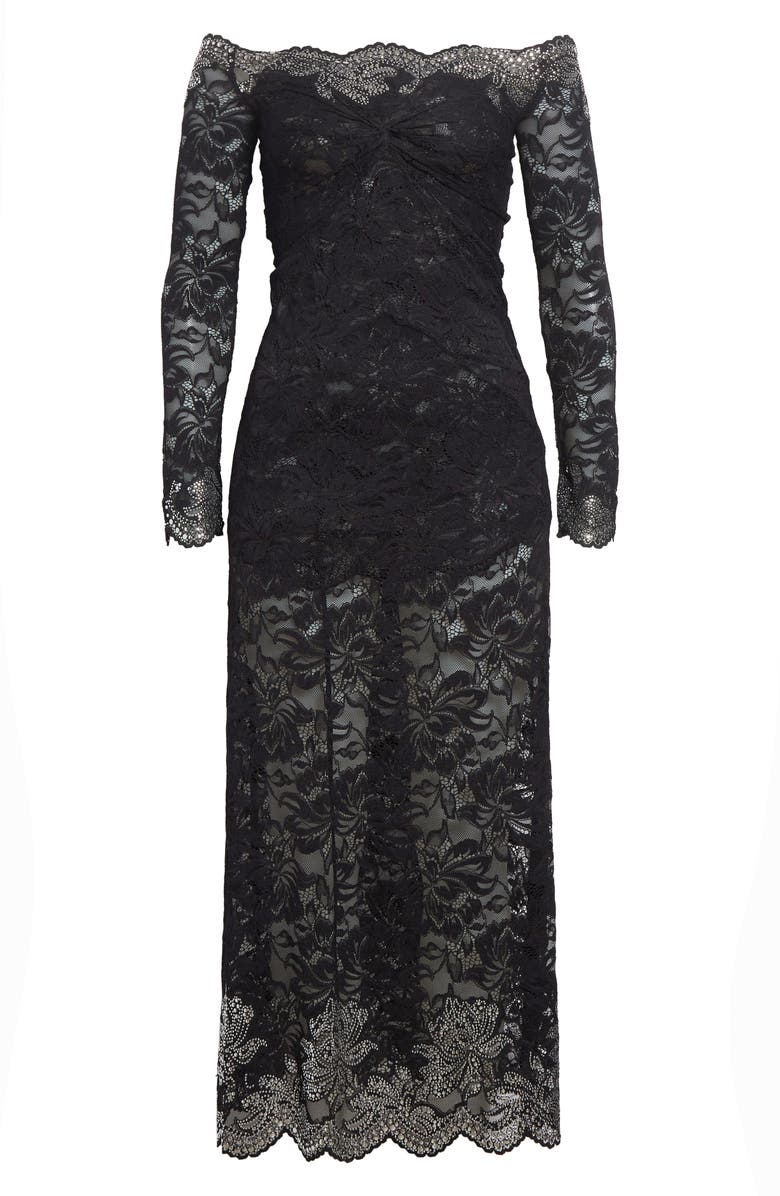 Rabanne Twist Front Off the Shoulder Long Sleeve Lace Midi Dress, Alternate, color, Black