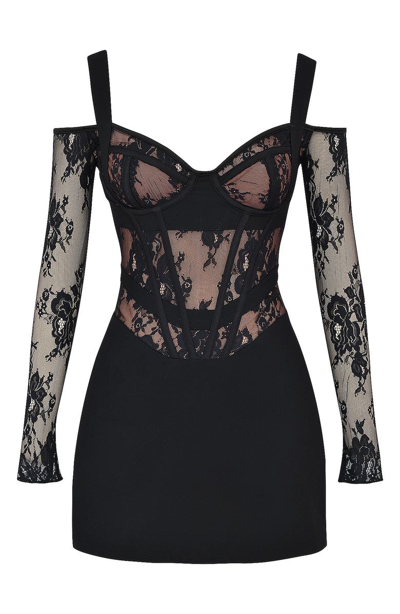 Mistress Rocks Lace Corset Cold-Shoulder Long Sleeve Minidress, Alternate, color, 