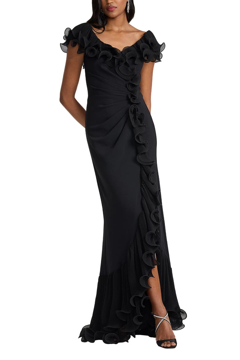 Pleated Ruffle Gown, Alternate, color, BLACK