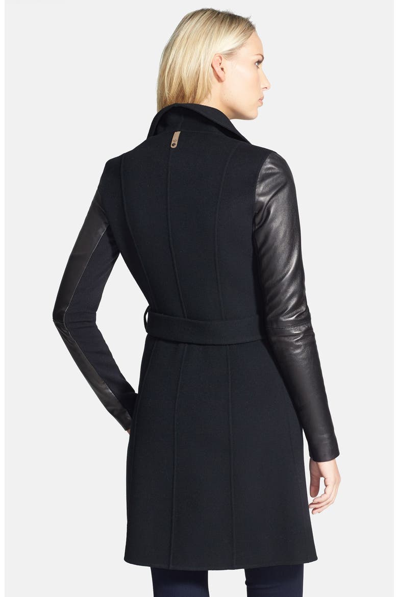 'Hemy' Leather Sleeve Asymmetrical Long Coat, Alternate, color, BLACK