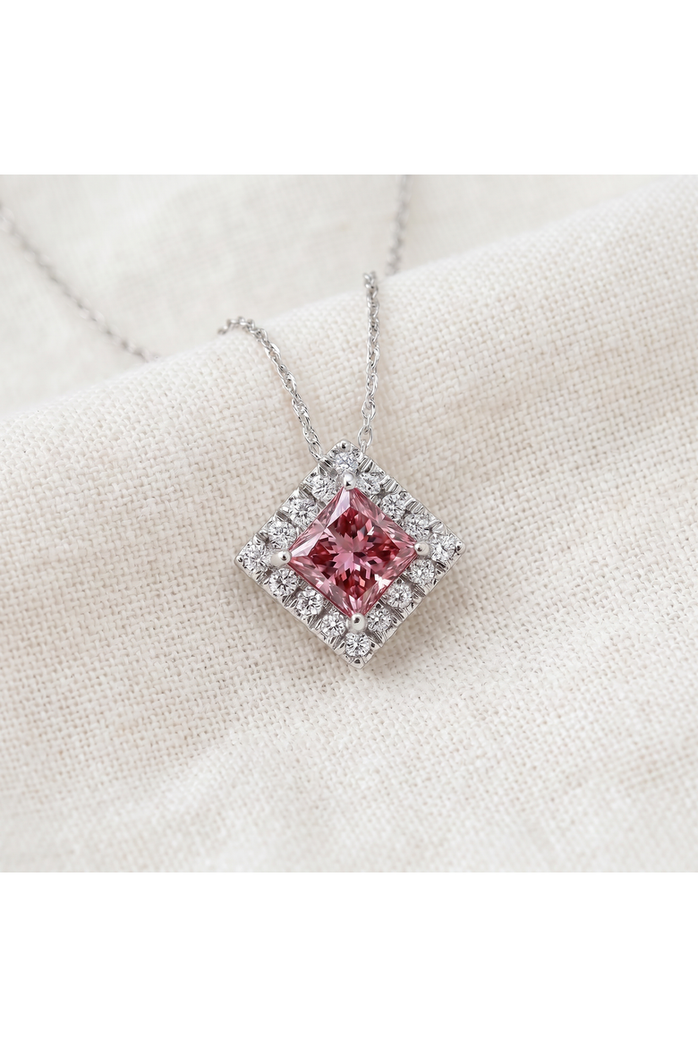 Certified 1.70Ct Princess Pink Diamond Lab Grown Pendant Gold 18" Necklace, Alternate, color, 10k White Gold