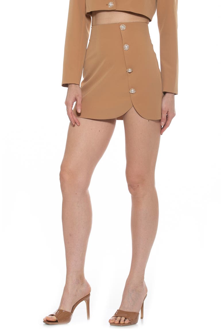 Bonne Asymmetric Pearly Button Miniskirt, Alternate, color, NUDE