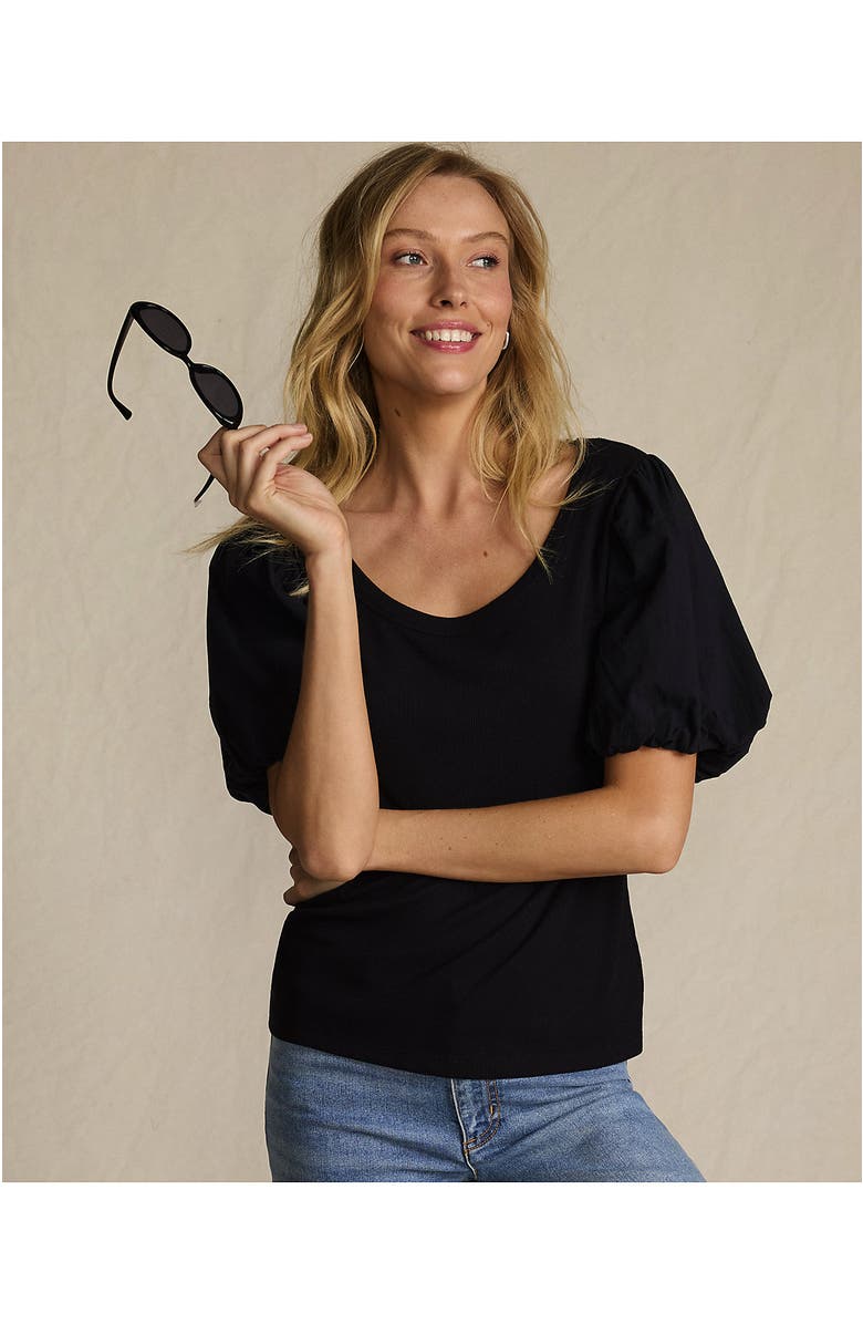 Lands' End Drapey Rib Puff Sleeve Scoop Neck Top, Alternate, color, Black