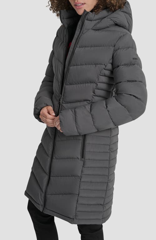Dkny Cire Packable Hooded Longline Puffer Jacket In Gray
