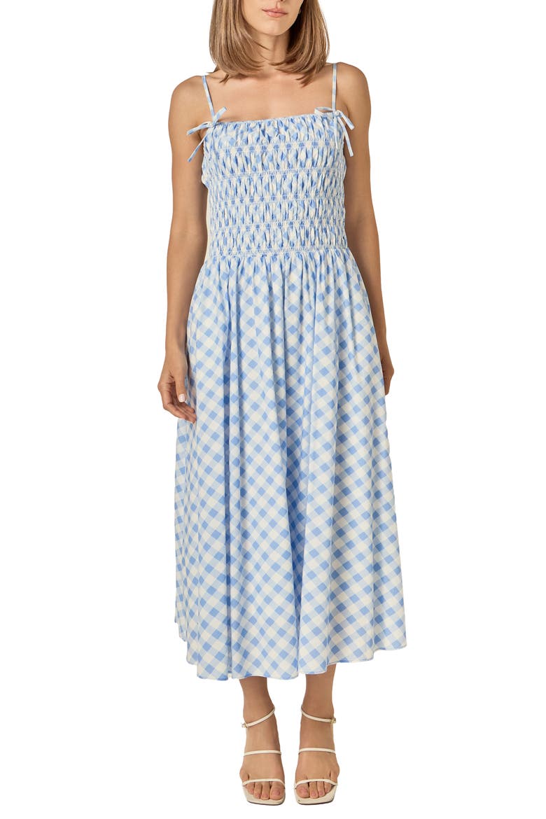 Checked Smocked Sleeveless Midi Dress, Main, color, POWDER BLUE