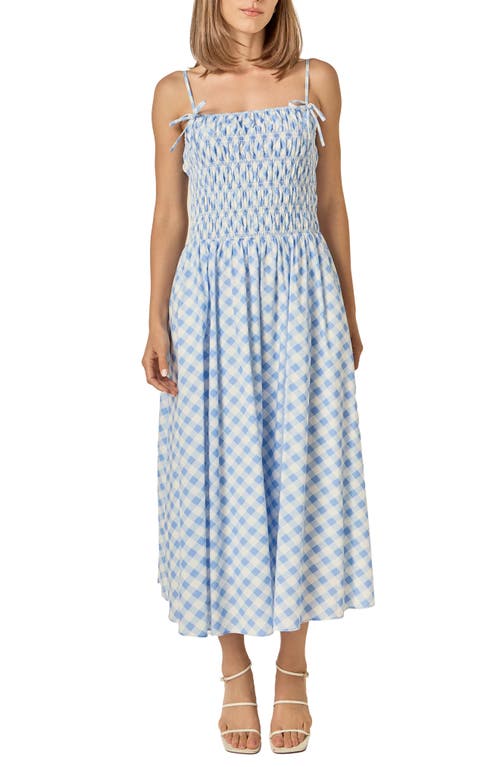English Factory Checked Smocked Sleeveless Midi Dress in Powder Blue at Nordstrom, Size X-Small