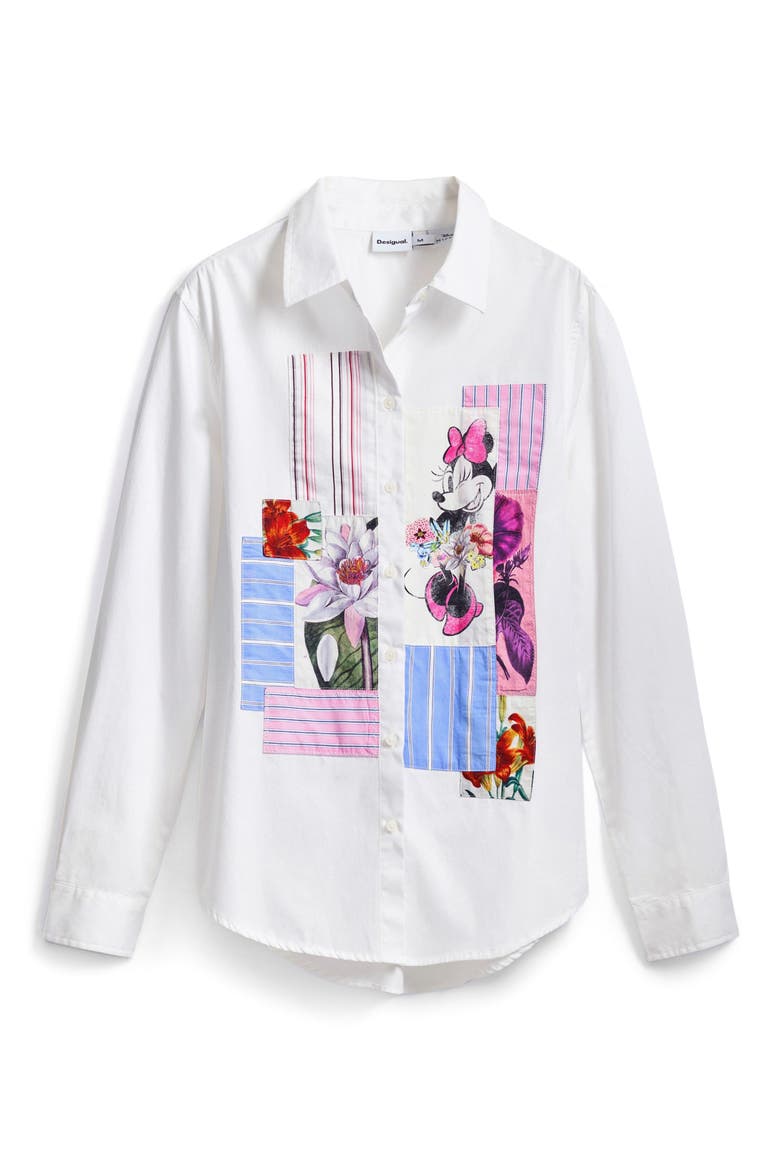 Minnie Mouse Patchwork Button-Up Shirt, Alternate, color, WHITE