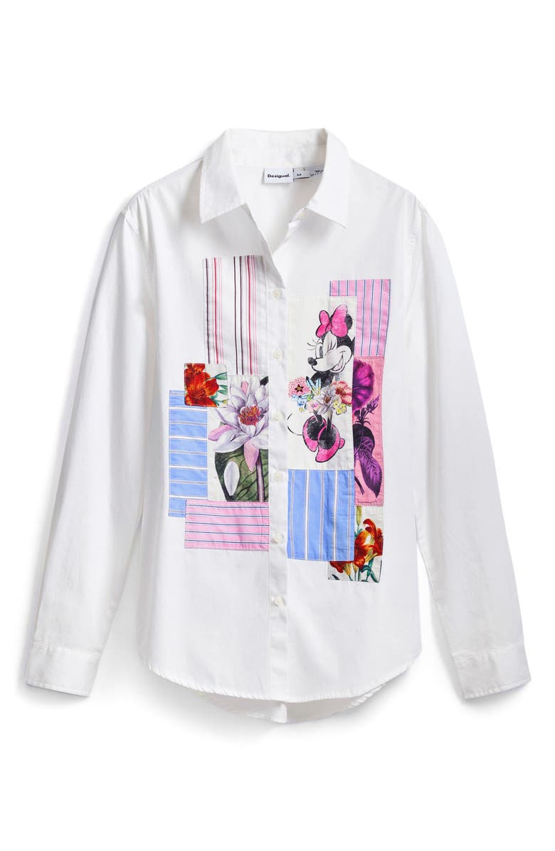 Desigual Minnie Mouse Patchwork Button-Up Shirt, Alternate, color, White