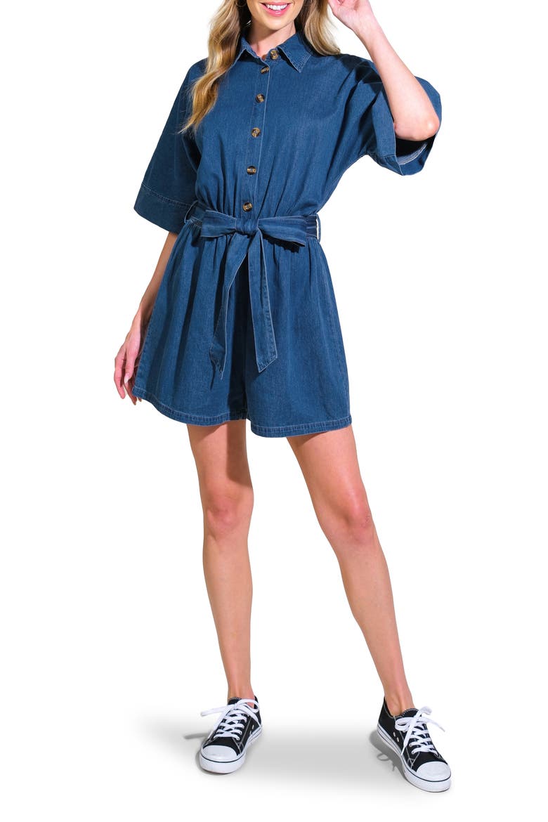 Chambray Tie Waist Romper, Main, color, MEDIUM INDIGO