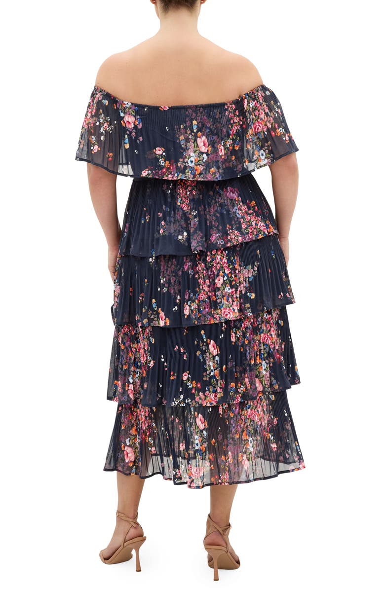 City Chic Night Garden Off the Shoulder Tiered Midi Dress, Alternate, color, Royal Blue