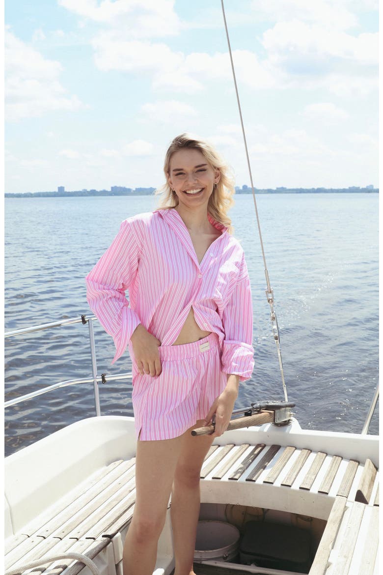 Seaside Stripe Cotton Blend Button-Up Shirt, Alternate, color, PINK