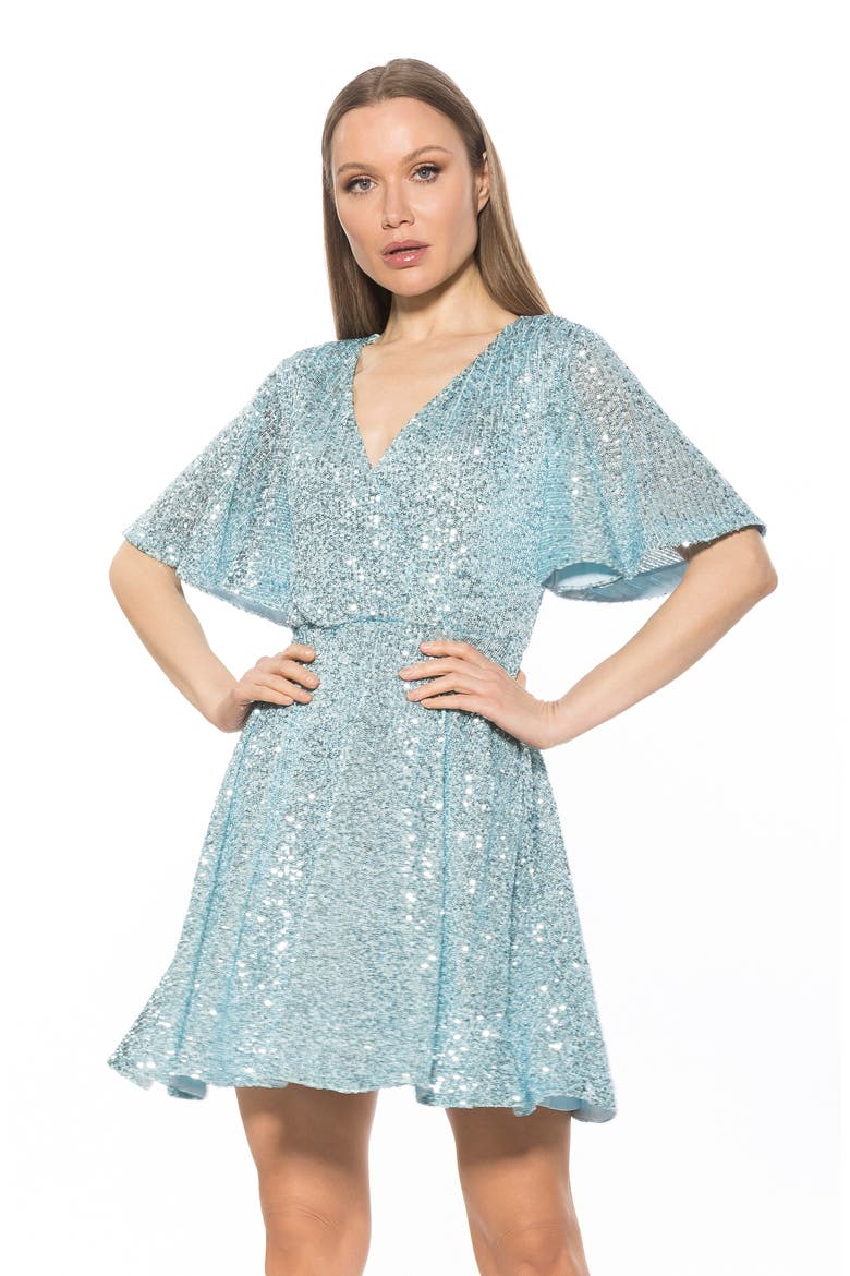 Oakless Sequin Flutter Sleeve Fit & Flare Dress, Alternate, color, HALOGEN BLUE