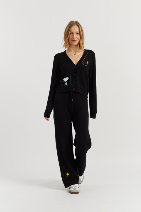 Wool-Cashmere Peanuts Stripe Wide Leg Track Pants