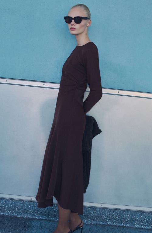 Mango Draped Waist Long Sleeve Midi Dress In Brown