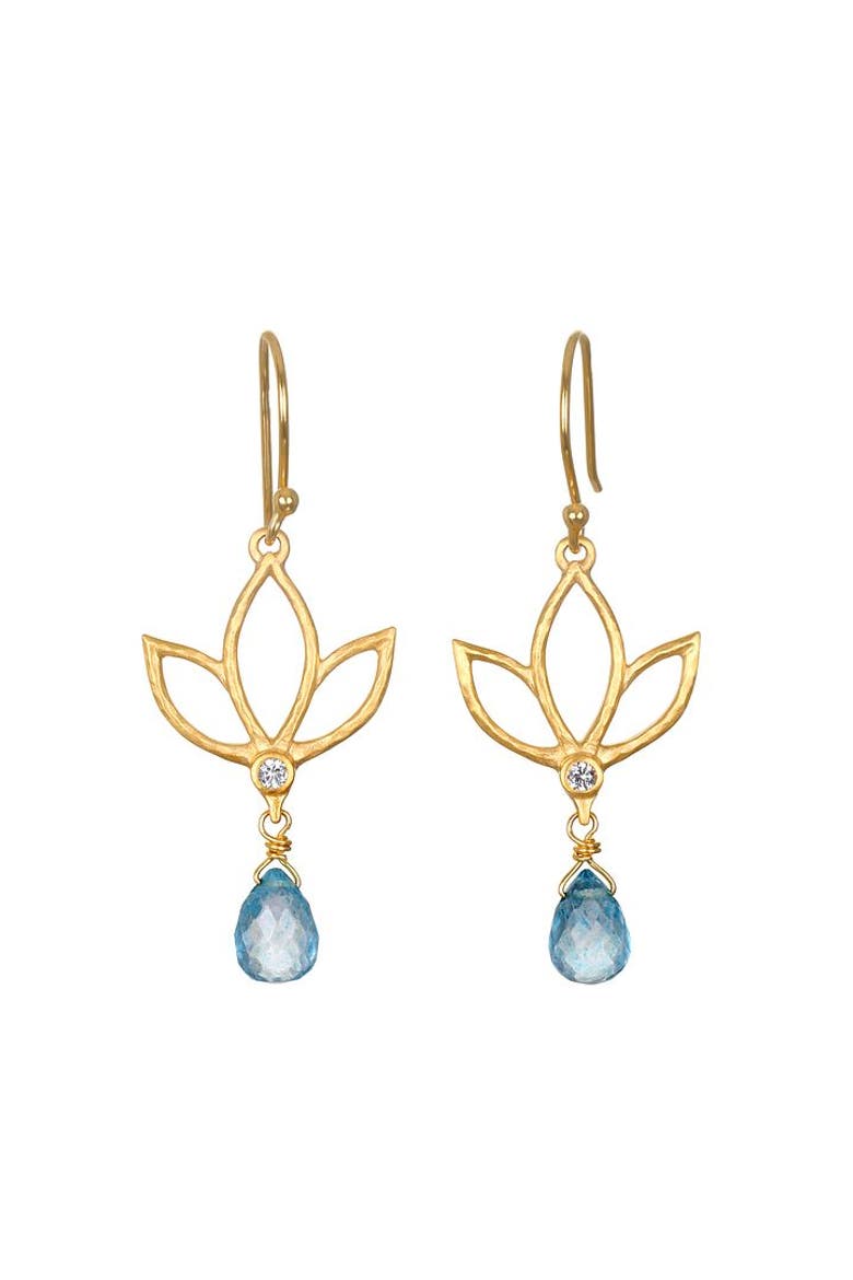 Ignite Renewal Blue Topaz Lotus Drop Earrings, Main, color, Gold