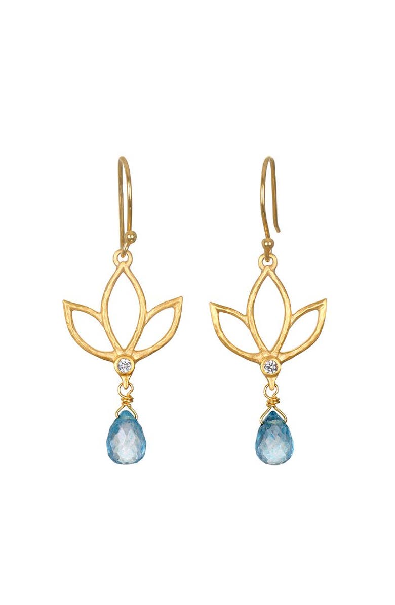 Satya Jewelry Ignite Renewal Blue Topaz Lotus Drop Earrings, Main, color, Gold