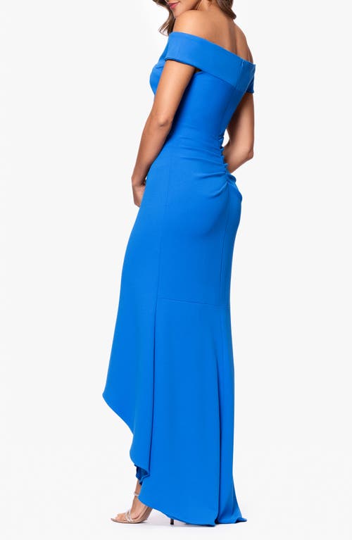 Xscape Evenings Cold Shoulder Handkerchief Hem Scuba Crepe Gown In Blue
