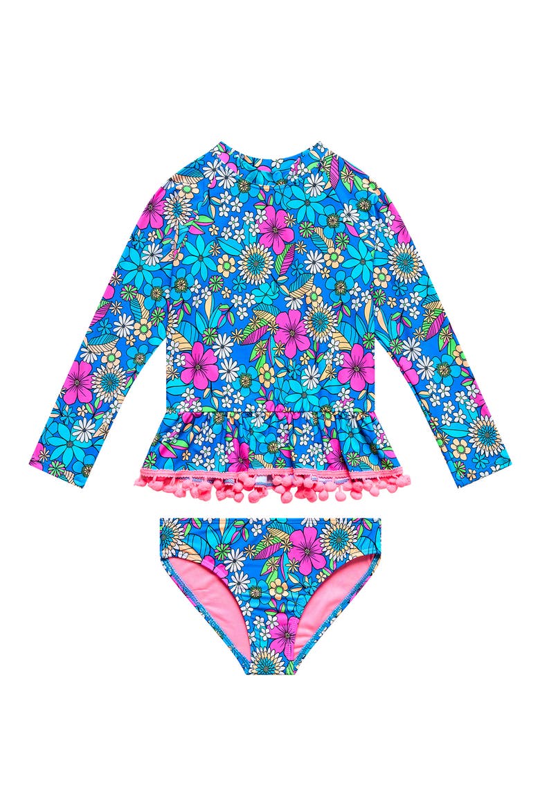 Kids' Pom Trim Floral Long Sleeve Two-Piece Rashguard Swimsuit, Main, color, BLUE MULTI