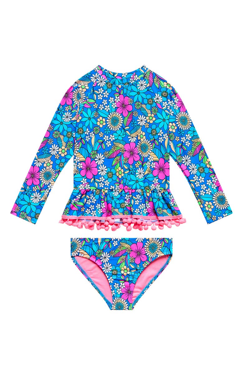 Beach Lingo Kids' Pom Trim Floral Long Sleeve Two-Piece Rashguard Swimsuit, Main, color, Blue Multi