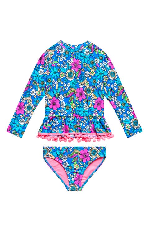 Kids' Pom Trim Floral Long Sleeve Two-Piece Rashguard Swimsuit (Toddler & Little Kid)