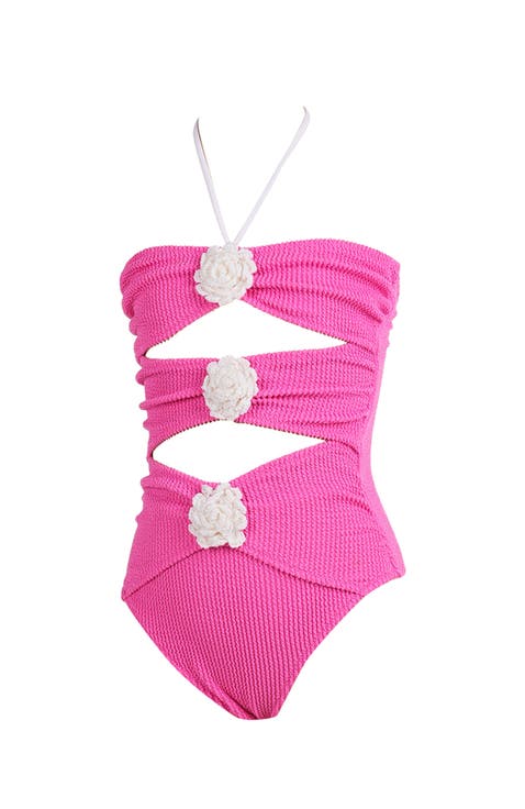 Hand-Made Crochet Flower Detail Cut-Out One Piece Swimsuit, Little Kid-Big Kid