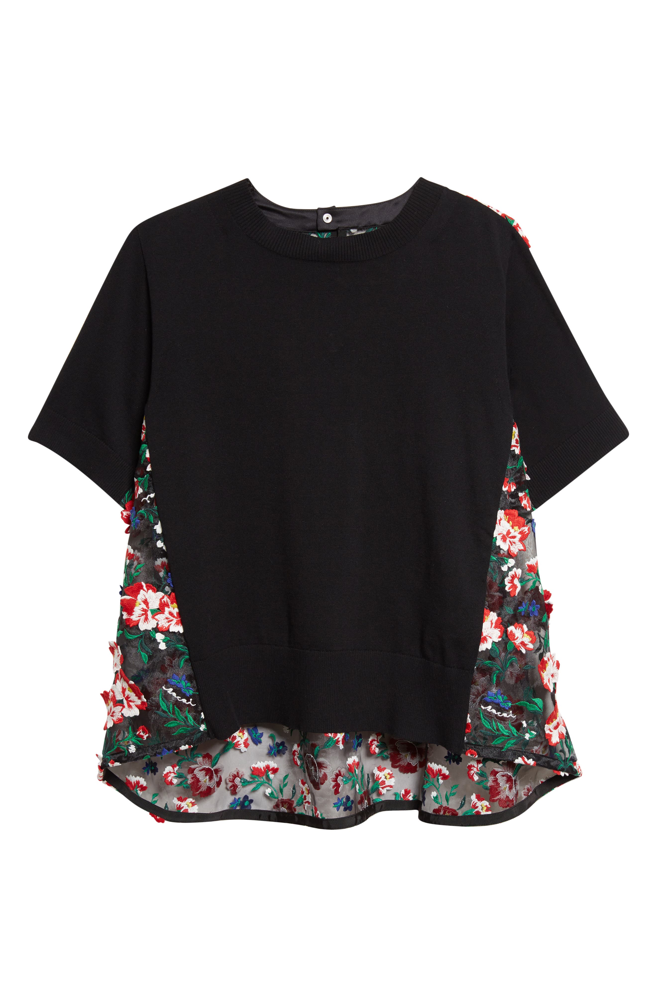 Mixed Media Embroidered Organza & Cotton Blend Pullover Sweater