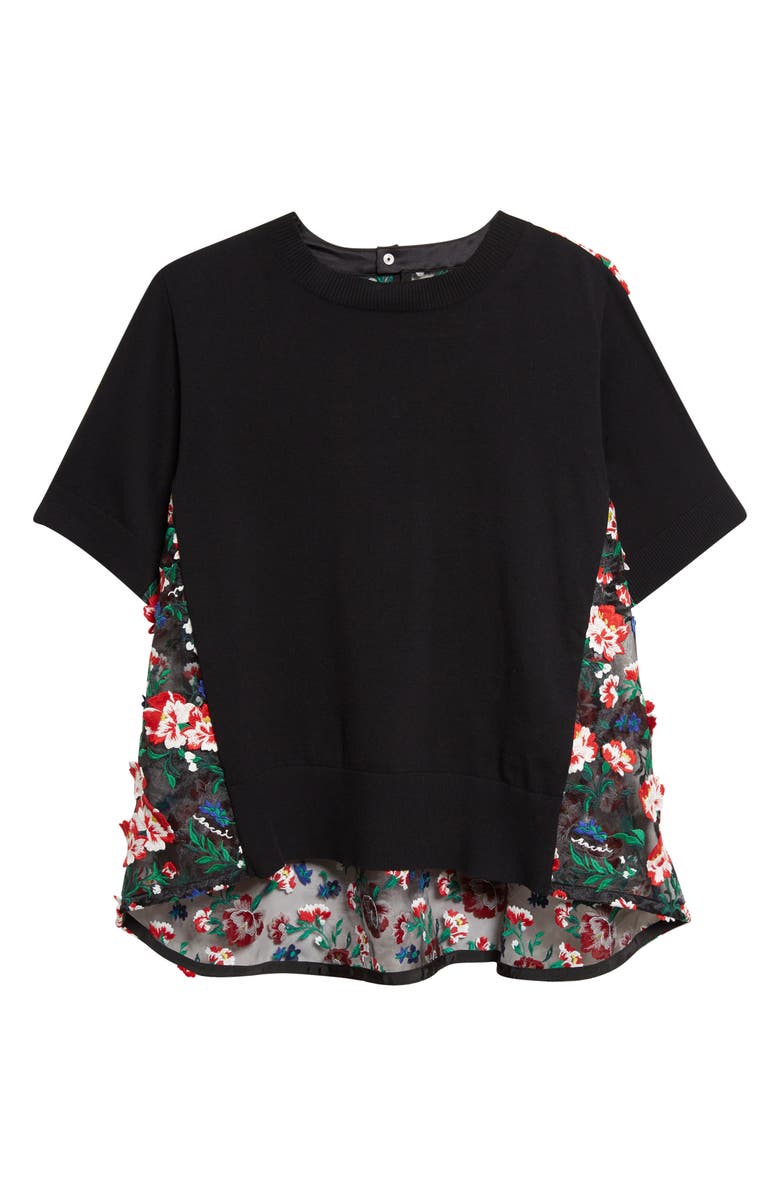 Sacai Mixed Media Embroidered Organza & Cotton Blend Pullover Sweater, Main, color, Black
