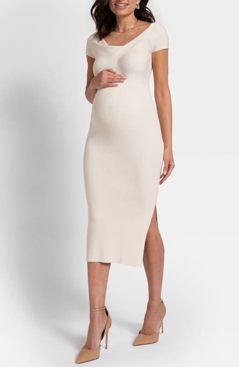 Rib Knot Detail Off the Shoulder Midi Maternity Dress