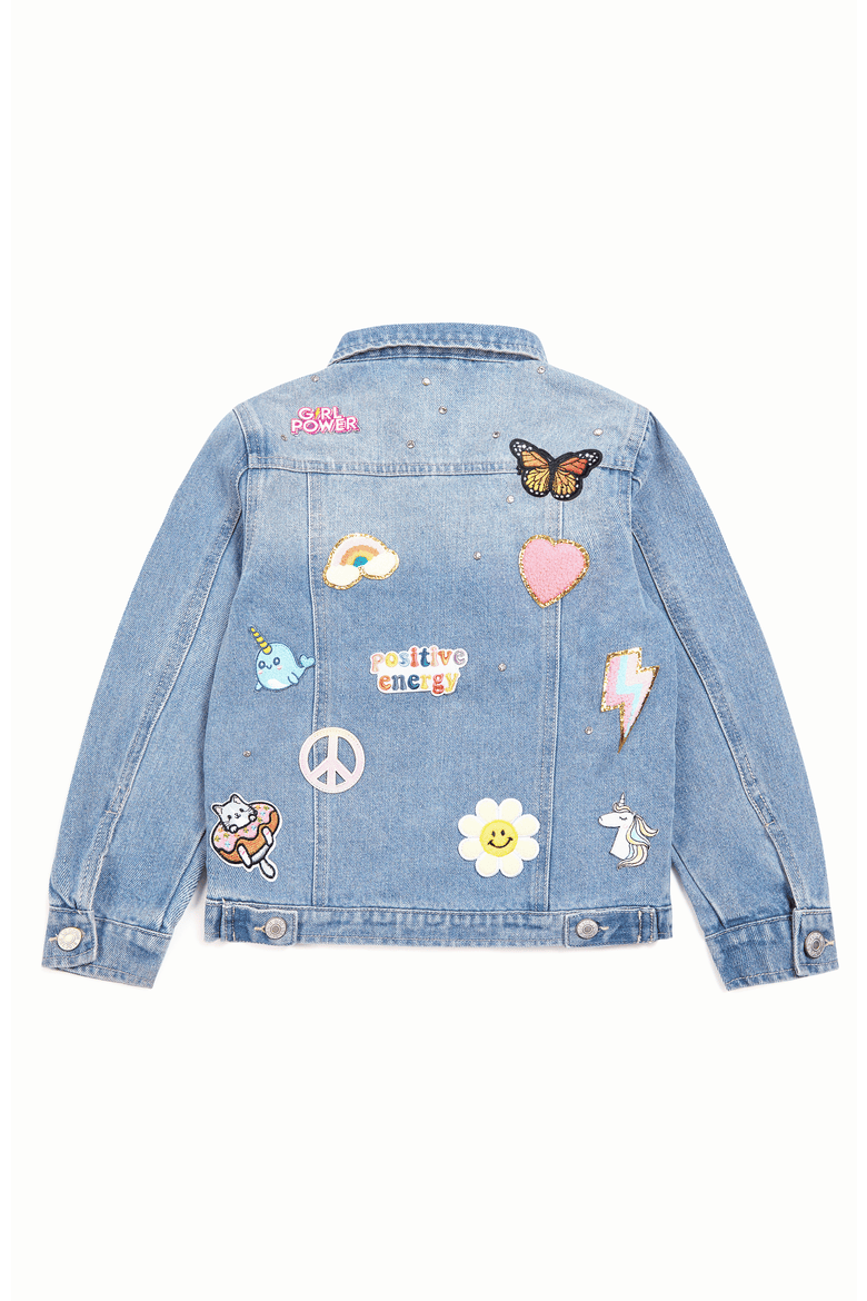 Girls' Jeweled Patched Denim Jacket, Alternate, color, Light Denim