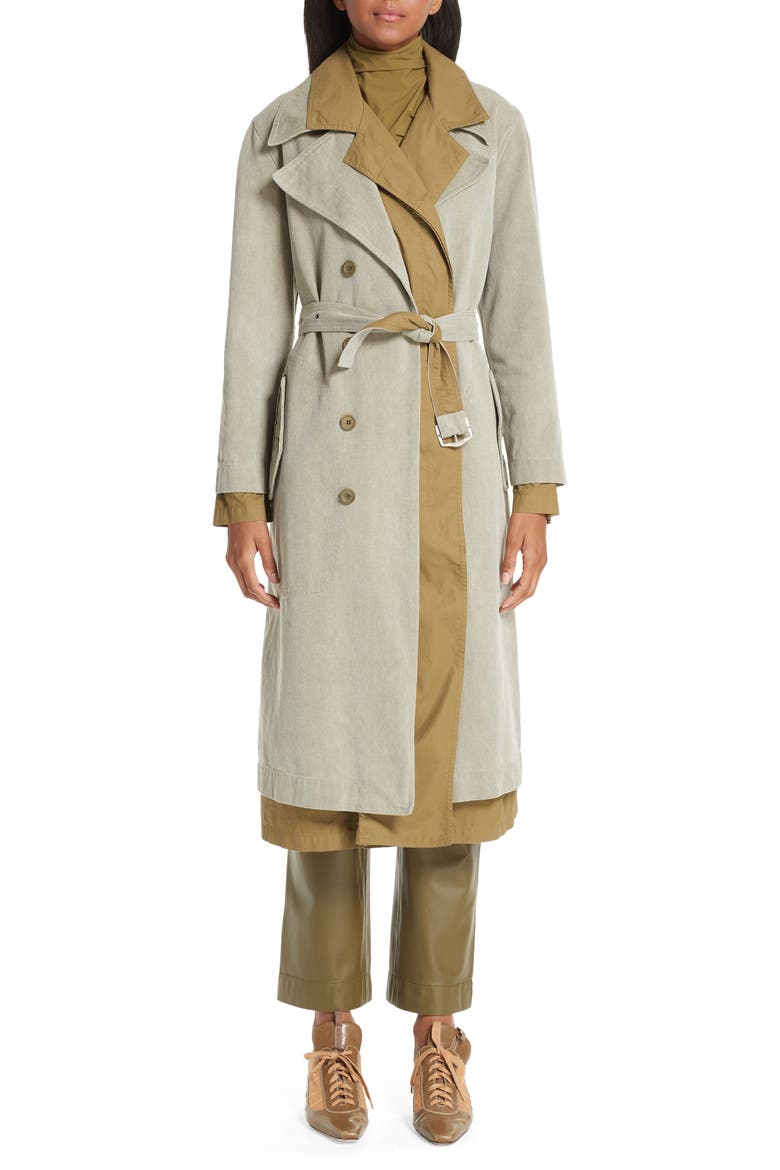 Devin Layered Cotton Canvas Trench Coat, Main, color, OLIVE