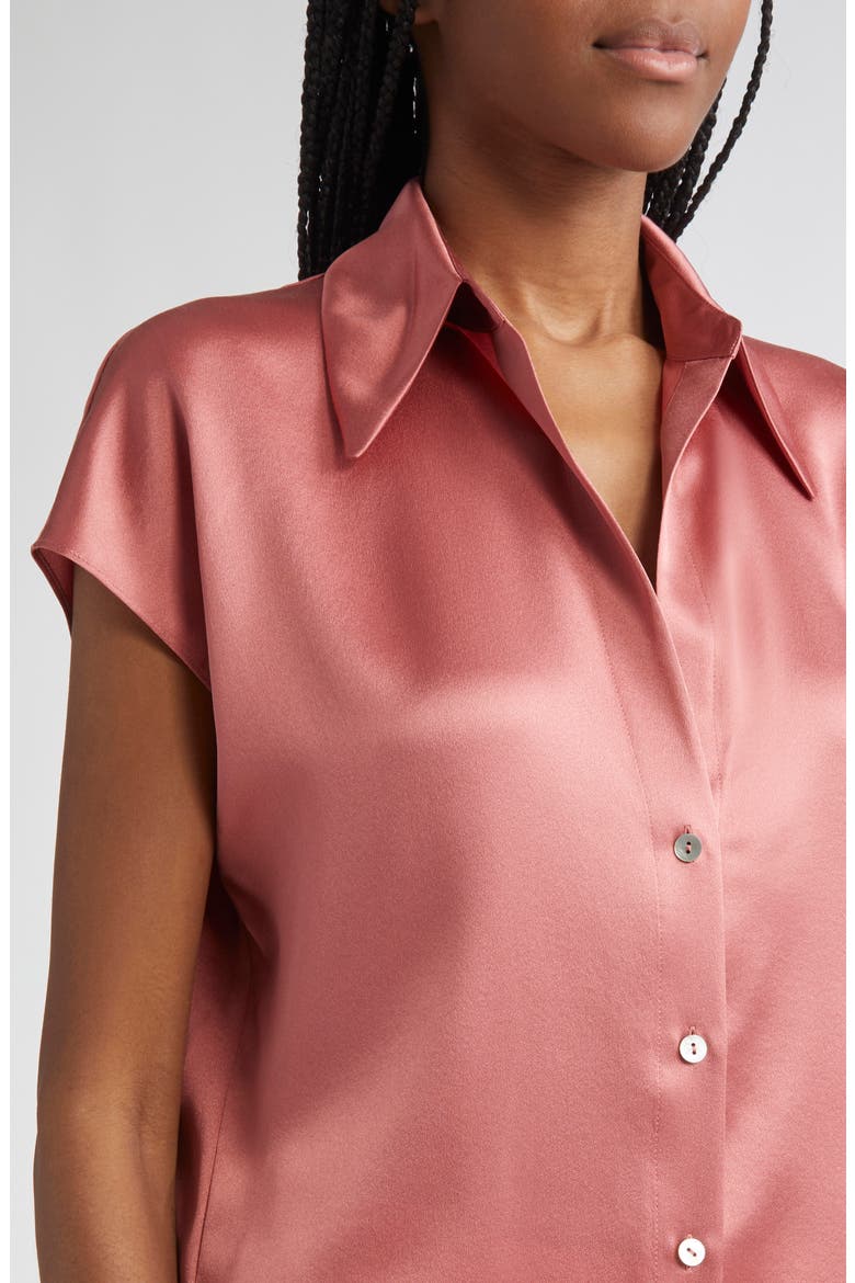 Cap Sleeve Gathered Back Short Sleeve Silk Button-Up Shirt, Alternate, color, PEONY WOOD