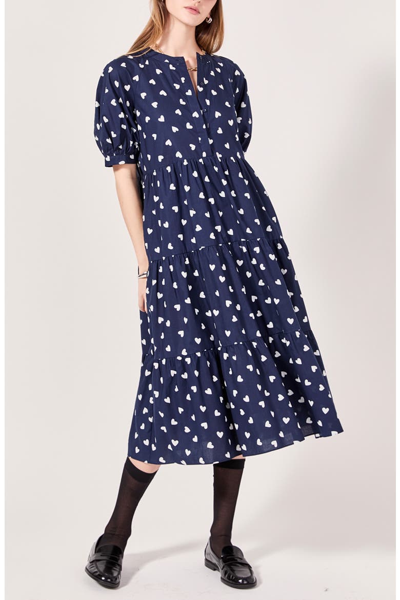 Heart Print Short Sleeve Tiered Cotton Midi Dress, Alternate, color, NAVY/ WHITE