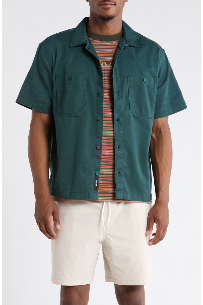 Larkspur Short Sleeve Cotton Button-Up Work Shirt, Main, color, MYSTIC MOSS