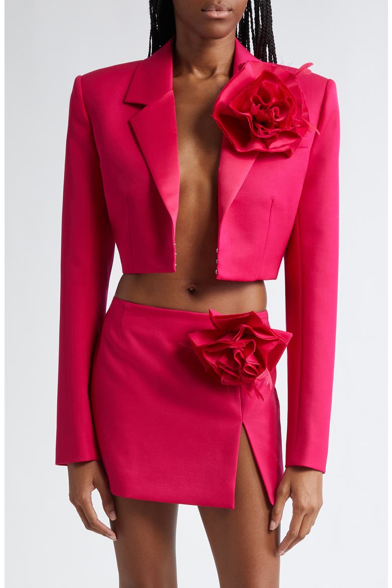 Floral Corsage Crop Wool Blazer, Main, color, RASPBERRY