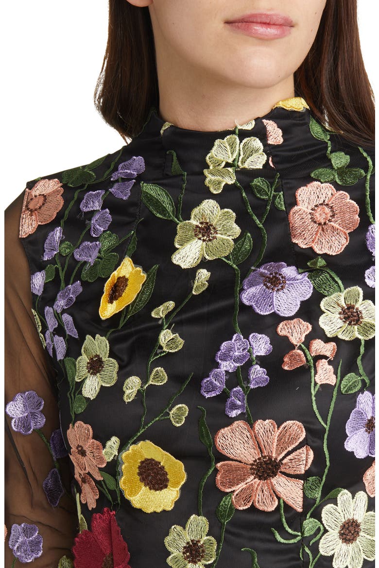 Floral Open Back Mock Neck Long Sleeve Minidress, Alternate, color, BLACK