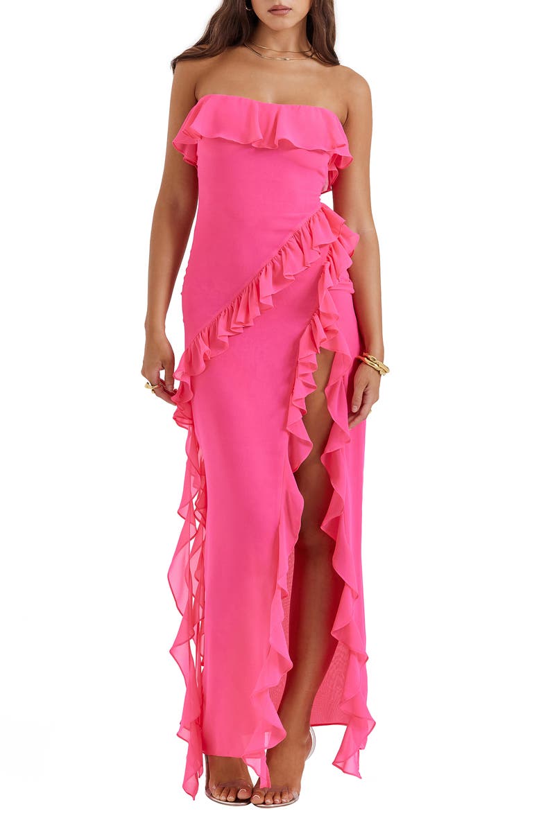 HOUSE OF CB Sarina Ruffle Strapless Maxi Dress, Main, color, Hot Pink